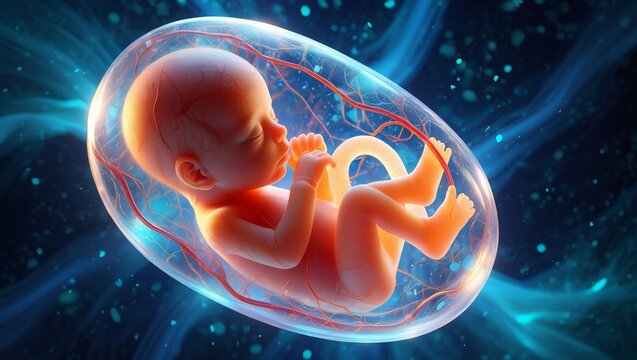 A medical illustration of a fetus in an amniotic sac, representing IVF treatment and prenatal development.