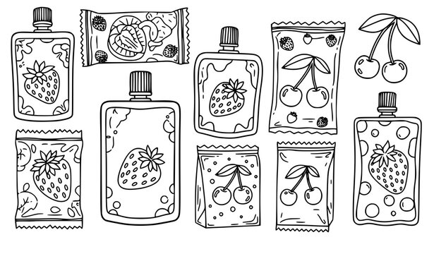 Strawberry and cherry food pouch coloring page bold outline fruit drink vector black white