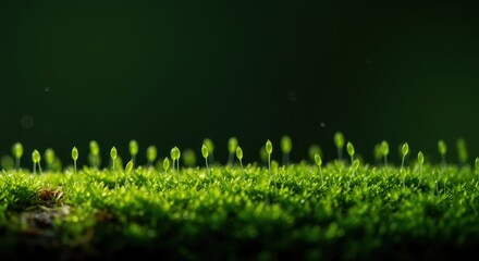 Fototapeta premium Delicate microscopic spores naturally released by a vibrant green organism in a wet, dense, forest ecosystem environment, reproduction, wilderness, mushroom
