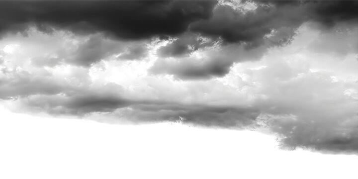 Dramatic storm clouds on transparent background, dark moody thundercloud overlay, realistic gray cumulus weather elements for photo compositing