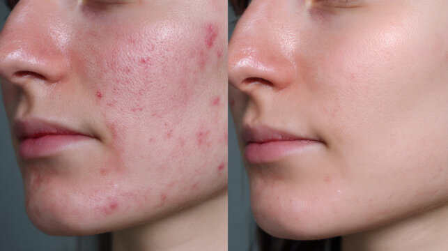 Comparison of facial skin before and after acne treatment. Close-up shows improved texture, reduced redness, and minimized blemishes in natural lighting.
