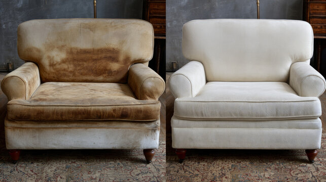 Sofa before and after dry-cleaning in room
