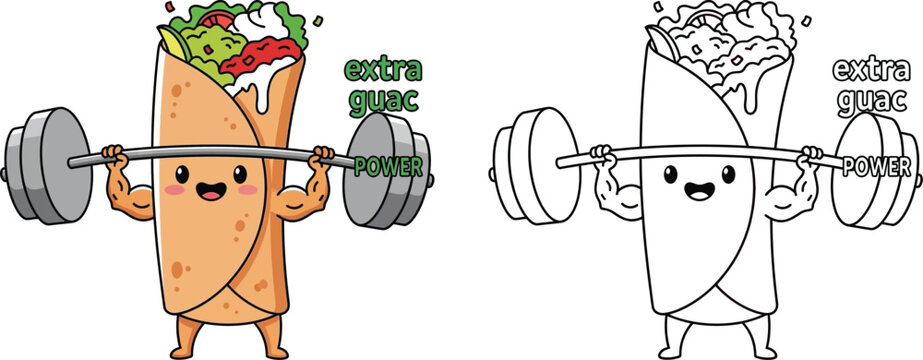 Strong Cartoon Burrito Lifting Weights Funny Extra Guac Power Gym Food Mascot