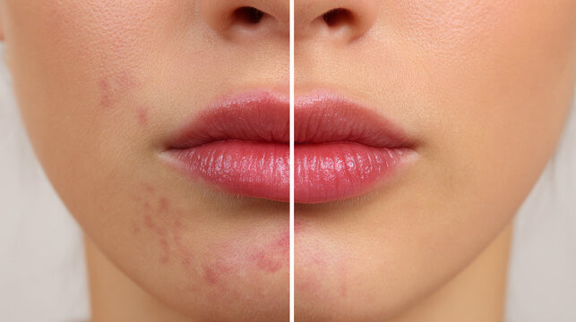 Lip care. Woman with chapped and dry skin before and healthy skin after moisturizing treatment, collage