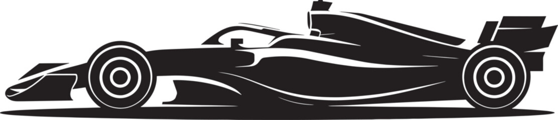 Fototapeta premium Stylized black silhouette of a modern formula one racing car side view on white background vector graphic.