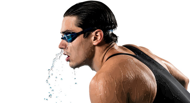 Young male swimmer spitting out water wearing goggles and swimsuit