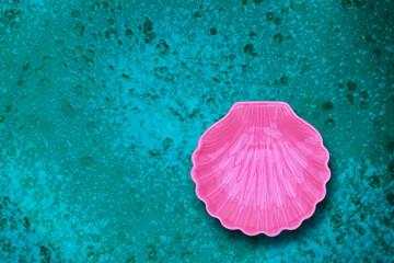 Fototapeta premium Pink shell on a textured turquoise surface shows simple design and bright color in a creative layout during daytime