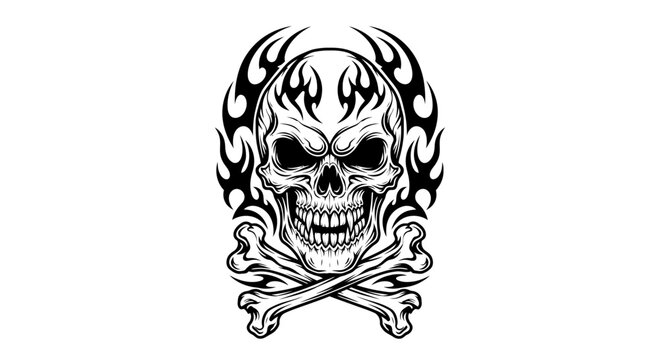 Tribal Skull and Crossbones Tattoo Design with Flames