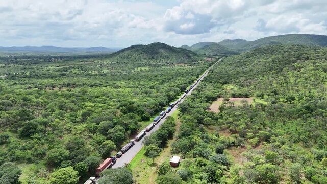 Aerial Drone View of Truck Queue in Zambia After Bridge Collapse Toward Malawi