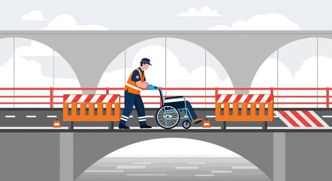 Caregiver Pushes Wheelchair on Bridge Under Construction, Accessibility Challenge