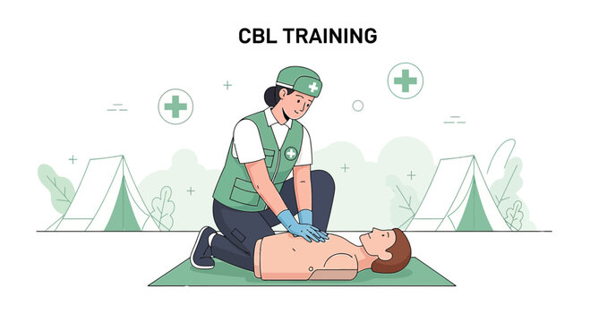 CBL Training: CPR Manikin Practice with Medical Tents and Cross Symbols