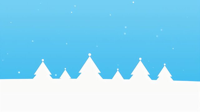 Flat design animation of a winter forest with white fir trees and falling snow under a bright blue sky.