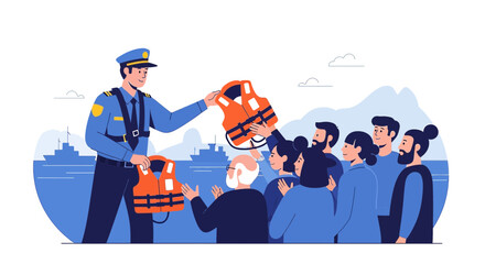 Fototapeta premium Coast Guard Officer Distributes Life Jackets to Refugees Arriving by Boat