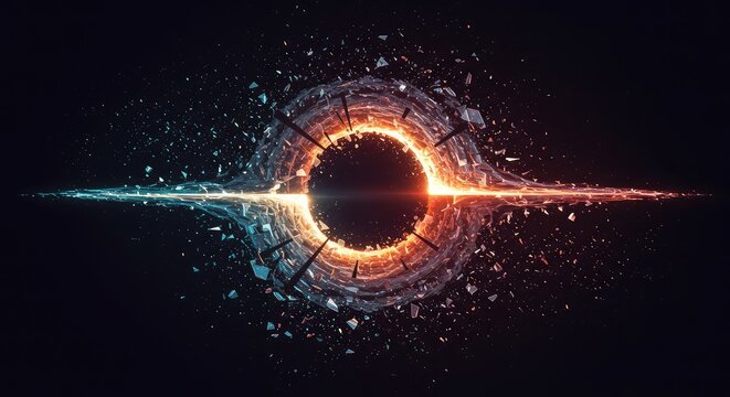 Abstract representation of time stretching and warping into a dynamic vortex of digital light and fractured colors, symbolizing non-linearity, science, time, past