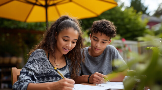 Teenage siblings of mixed ethnicity studying together at backyard table under shade umbrella, warm diffused May daylight, focused and companionable mood