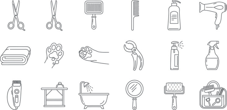 Grooming tools set including scissors brushes shampoo dryer clippers and various hygiene accessories for professional pet care services presented in a clean minimalist line art style