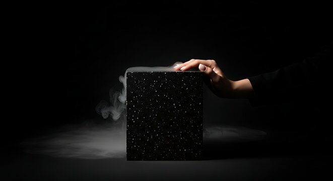 Mysterious Black Box with Hand and Smoke on Dark Background.