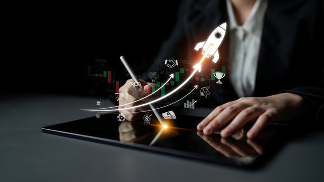Business Growth Concept with Digital Rocket Launching from Tablet Screen Representing Innovation, Technology, and Success in Modern Economy Sigmoid