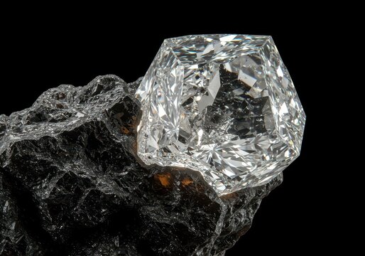 Close up showing rough black carbon material slowly crystalizing into a perfectly clear, brilliant white diamond structure under great pressure, contrast, heat, rarity