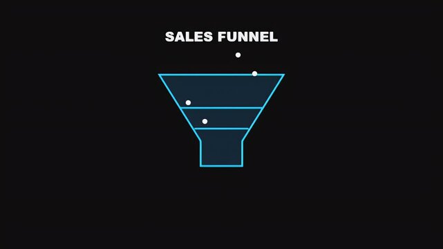 Animation of a blue sales funnel with white particles falling through different stages of business conversion