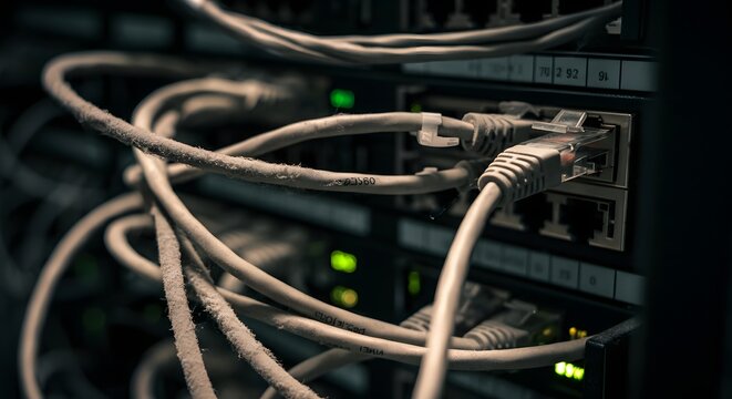 Close up tangled mess dusty ethernet cables abandoned server rack.
