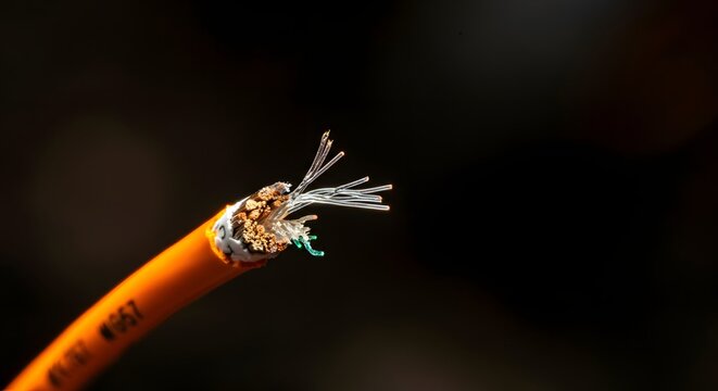 Macro photography severed orange fiber optic cable broken glass strands.