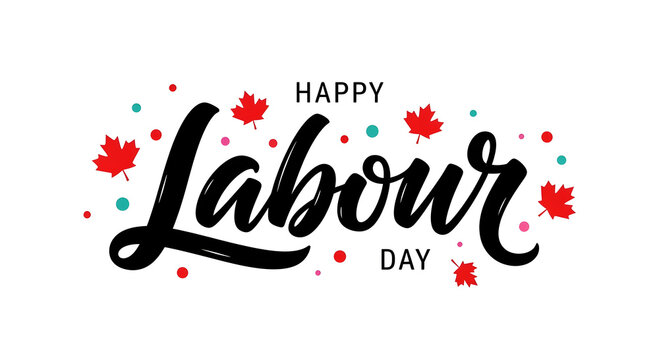 Happy Labour Day text with red maple leaves and colorful dots lettering 1