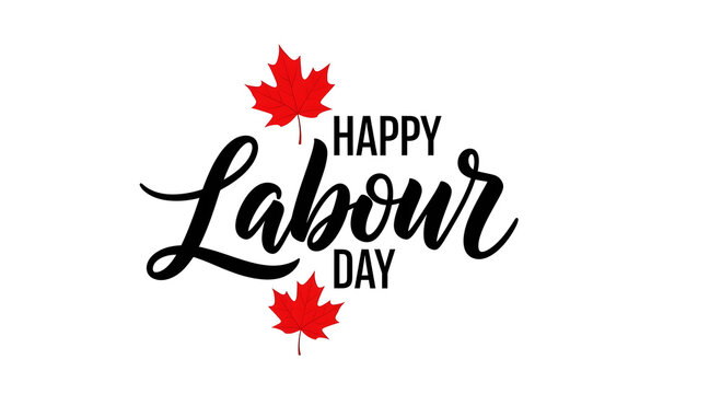 Happy Labour Day text with red maple leaves on white background lettering 1