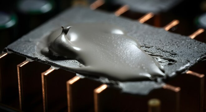 Abstract macro thermal paste smeared messily scratched copper heatsink surface.
