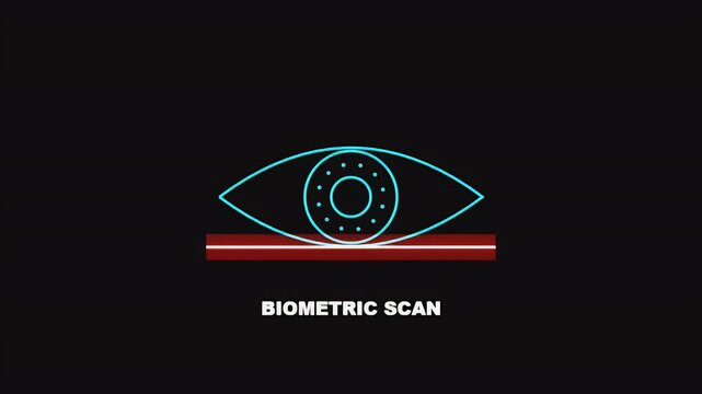 Futuristic biometric eye scan animation with a red laser line moving across a digital blue iris icon
