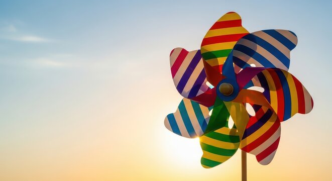 A brightly striped, cheerful pinwheel toy spinning rapidly against a dazzling summer sky background, filled with brilliant golden hour light and warmth, bright, striped, simple
