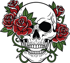 Fototapeta premium Human skull with red roses and green vines vector illustration in old school tattoo style isolated on white background for creative design projects.