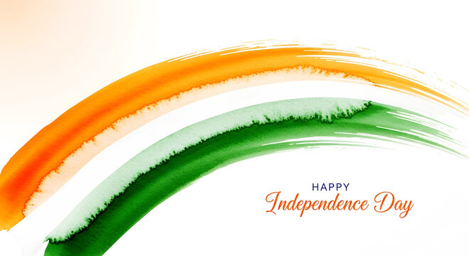 Orange green watercolor brush strokes with happy independence day text india flag