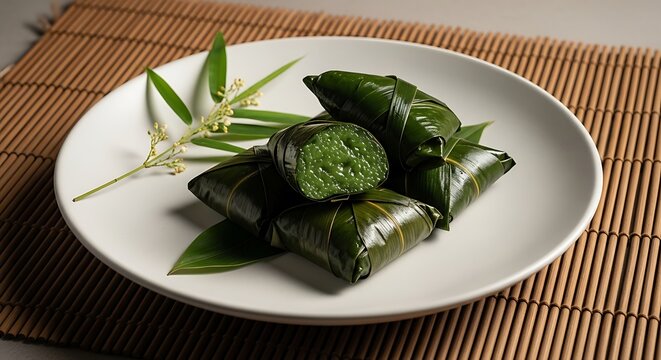 Banh tro sticky rice dumplings on a white ceramic plate with bamboo leaves, with copy space. This minimalist food styling is for Tet Doan Ngo blogs, holiday menus, and cultural presentations.