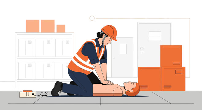 Construction worker performs CPR on colleague in warehouse, emergency response training