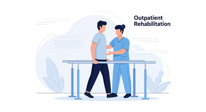 Outpatient rehabilitation: patient walking with therapist support using parallel bars