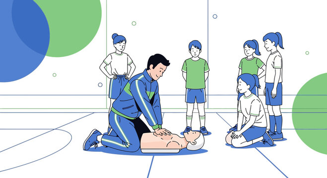 CPR Training: Instructor Demonstrates Life-Saving Technique to Students in Gymnasium