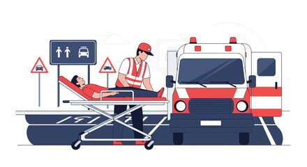 Fototapeta premium Paramedic assisting patient on stretcher near ambulance on highway, emergency scene