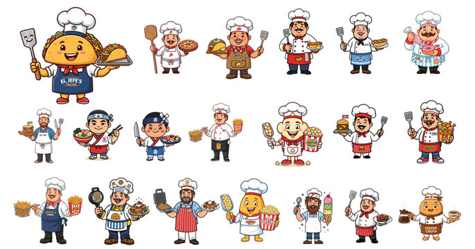 Collection of Diverse Cartoon Chefs in Action, Holding Utensils, Cooking and Serving Food