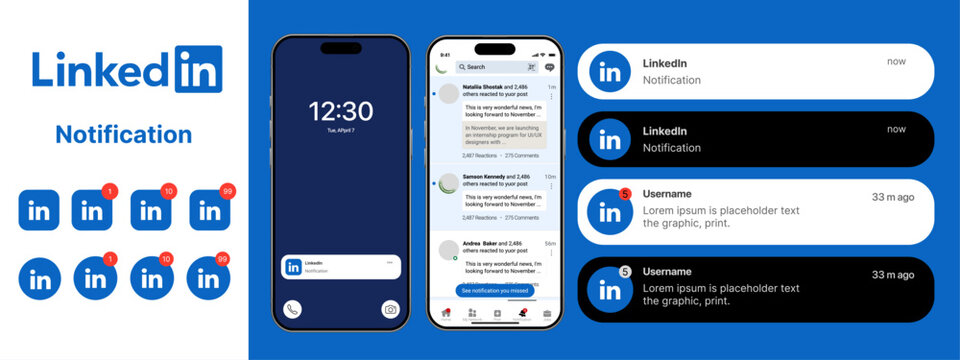 Linkedln iOS 26 update with liquid glass notifications, mobile app UI screens, and lockscreen alert elements in clean vector design for social media interface and mockup use.