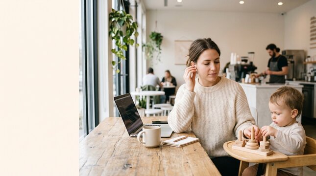 Young mother working on laptop in a modern cafe while her toddler plays with wooden toys nearby