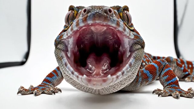 Close-up of a Tokay Gecko with its mouth wide open showcasing teeth and tongue in front of a white background