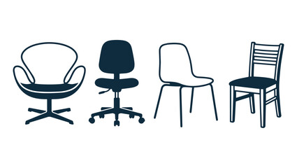 Fototapeta premium Minimal Chair Silhouette Icon Set on PNG Background – Modern Furniture Line Art Vector Collection, chair icon set, chair silhouette vector, furniture line art icons, minimal chair illustration, 