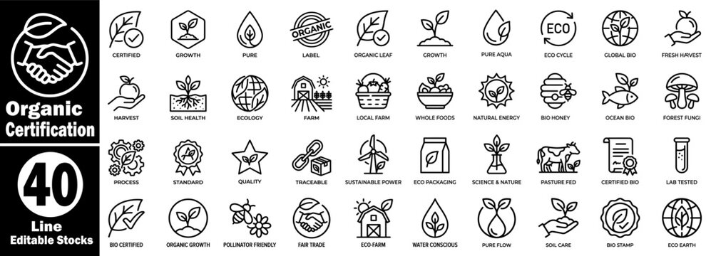 Organic certification line icon set for eco-friendly products, including fair trade non gmo bio certified labels, and sustainable farming quality standards.
