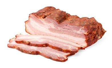 Obraz premium Pieces of smoked bacon isolated on white