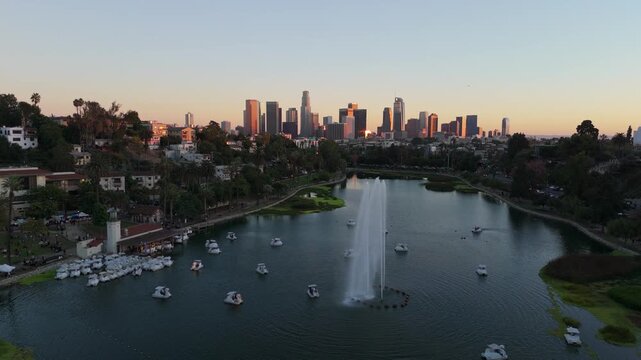 Echo Park Lake Panorama with Downtown Los Angeles Skyline at Sunset, November 25 2025 