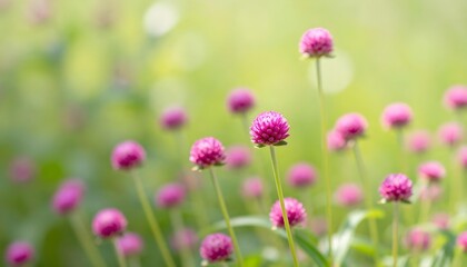 Fototapeta premium Field of vibrant pink globe amaranth flowers blooming in soft sunlight