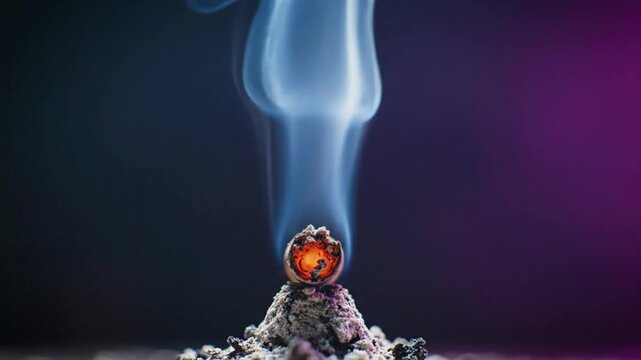 Burning incense stick with wispy smoke rising against a dark purple and blue background with copy space
