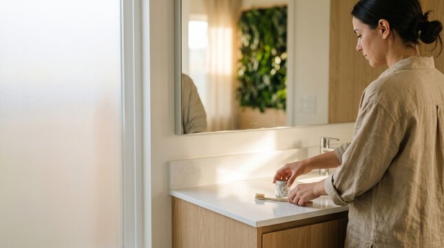 Woman preparing for her morning oral care routine with eco-friendly toothpaste tablets and a bamboo toothbrush in a bright, minimalist bathroom