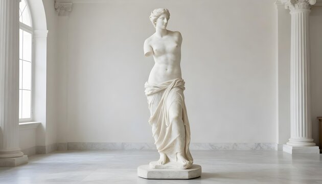 Venus de Milo statue displayed in a bright, minimalist museum hall with classical columns
